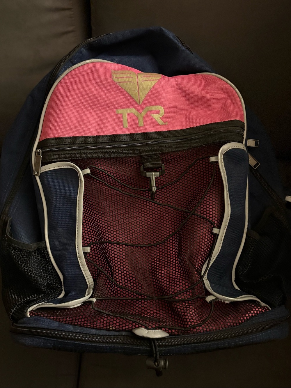 TYR Navy and Pink Athletic Backpack with Front Mesh Pocket